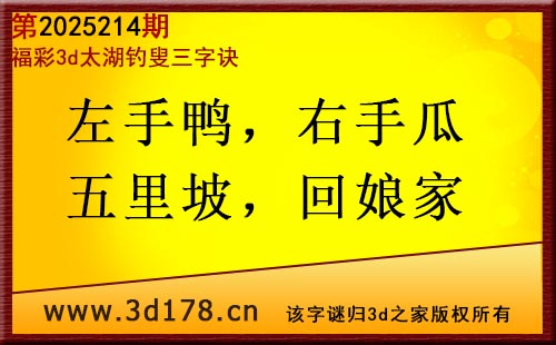 3d第2025214期太湖图库解字谜：左手鸭，右手瓜