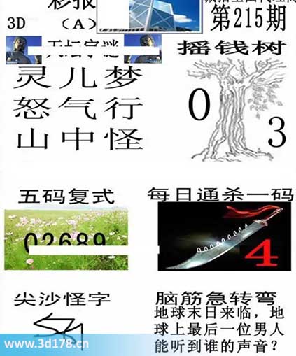 香港彩报3d第2025215期每日通杀一码：4