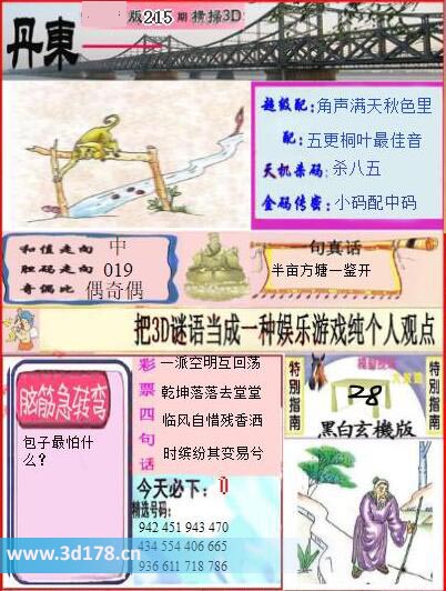 3d第2025215期丹东快报图胆码走向：019
