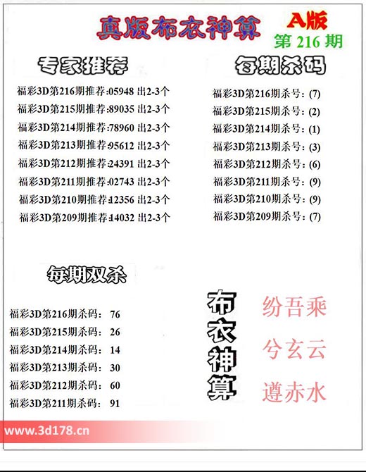 3d第2025216期布衣神算推荐：杀号7
