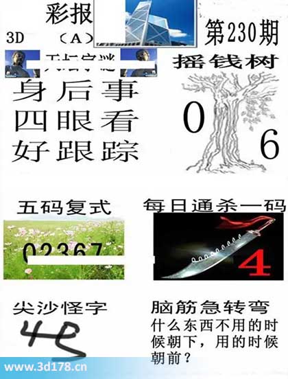 香港彩报3d第2025230期每日通杀一码：4
