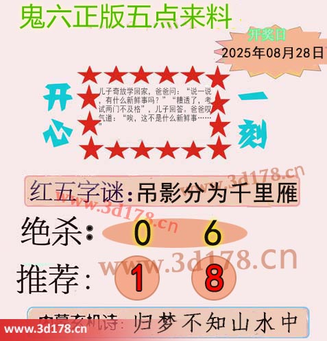 鬼六五点来料3d第2025230期绝杀：0 6