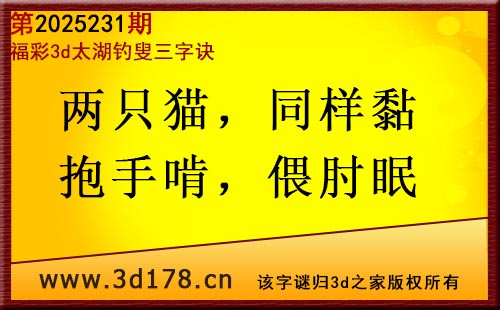 3d第2025231期太湖图库解字谜：两只猫，同样黏