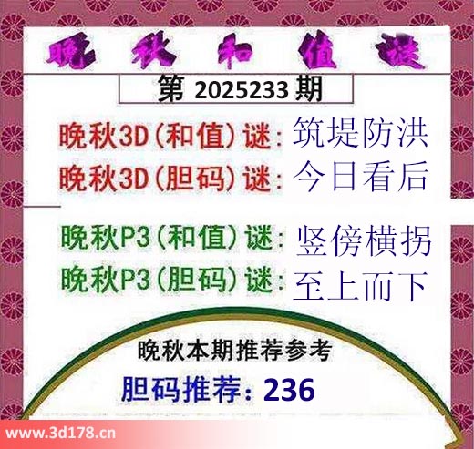 3d红五晚秋图第2025233期和值谜：筑堤防洪