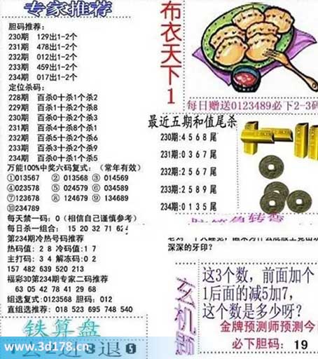 3d布衣天下第2025234期胆码：017