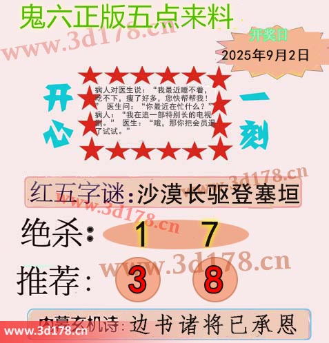 鬼六五点来料3d第2025235期红五字谜：沙漠长驱登塞垣
