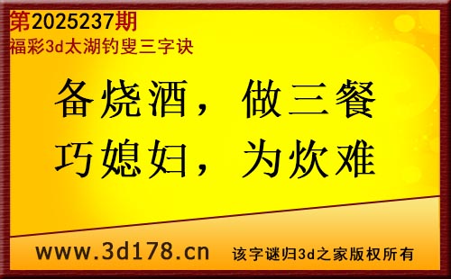 3d第2025237期太湖图库解字谜：备烧酒，做三餐