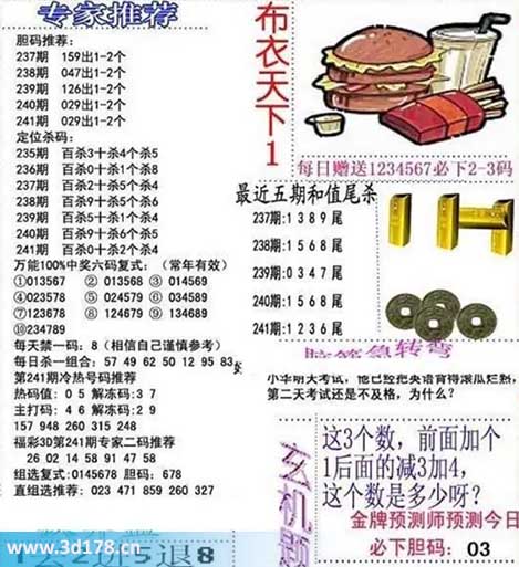 3d布衣天下第2025241期百位杀：0