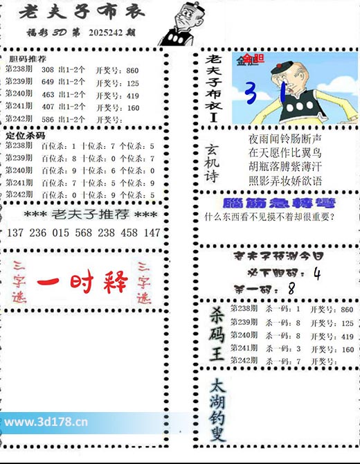 老夫子布衣图3d第2025242期预测今日：杀一码8