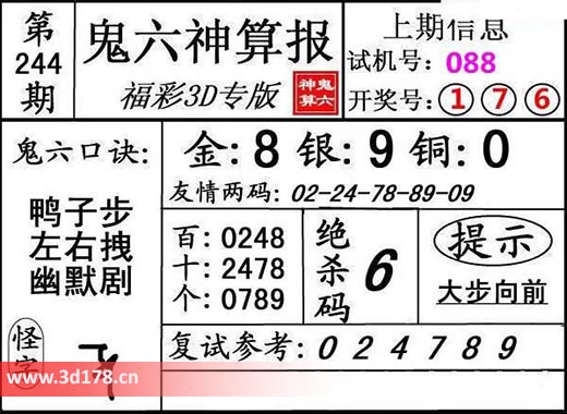鬼六神算报3d第2025244期复式参考：024789