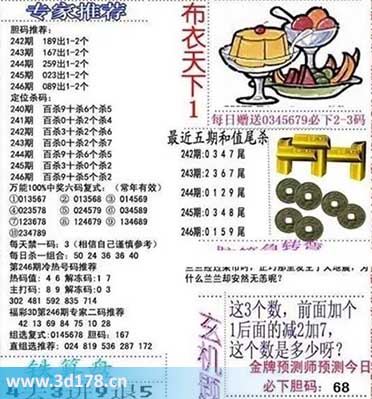 3d布衣天下第2025246期三胆推荐：089