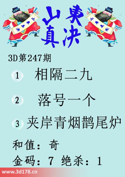 3d山东真诀图第2025247期和值：奇