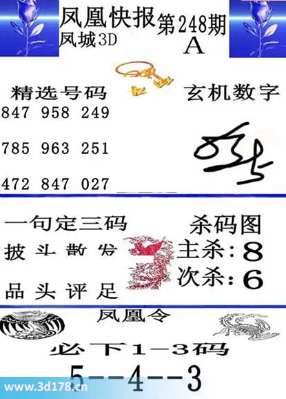 3d凤凰快报第2025248期必下1-3码：345