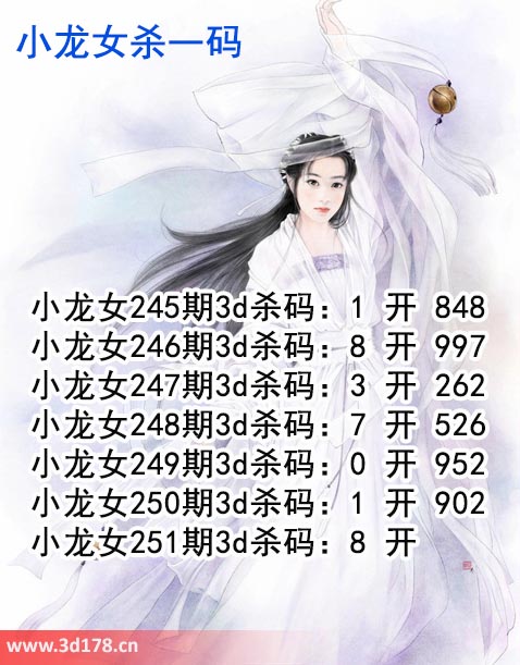 小龙女3d第2025251期杀码图推荐：杀一码8