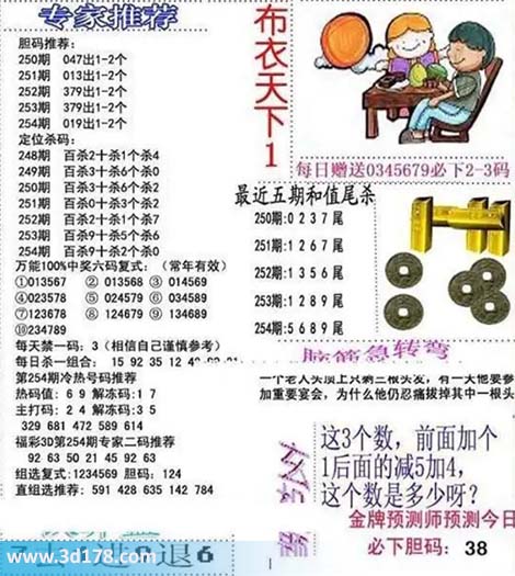 3d布衣天下第2025254期胆码推荐：023