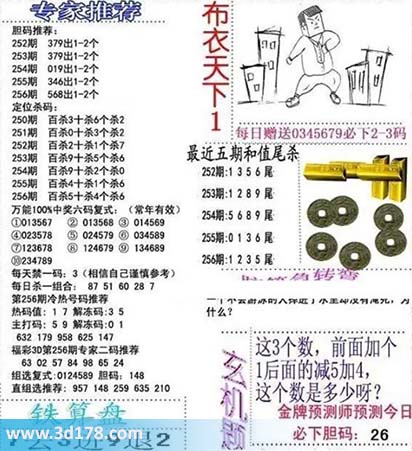 3d布衣天下第2025256期胆码推荐：568