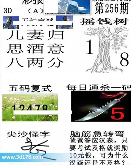 香港彩报3d第2025256期每日通杀一码：5