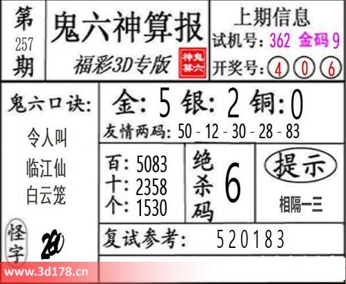 鬼六神算报3d第2025257期绝杀码：6