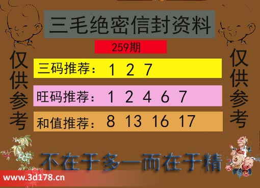 3d第2025259期三毛绝密信封资料图三码推荐：127