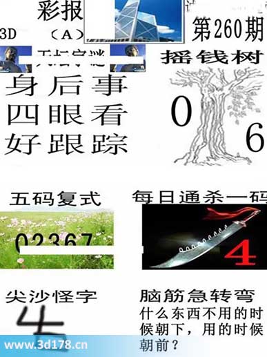 香港彩报3d第2025260期每日通杀一码：4