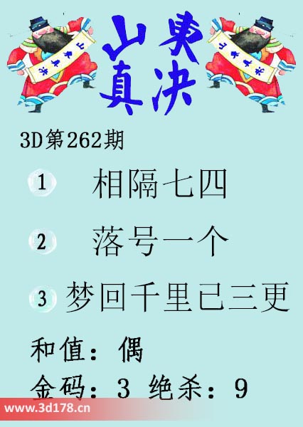 3d山东真诀图第2025262期绝杀：9