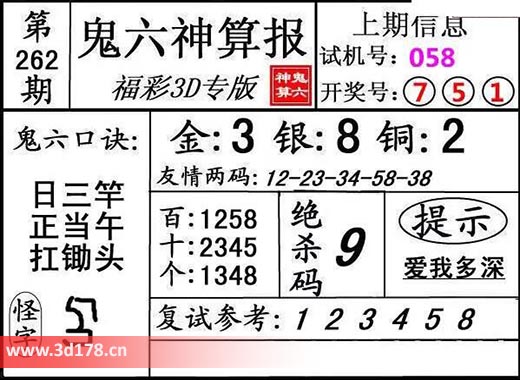 鬼六神算报3d第2025262期金胆：1