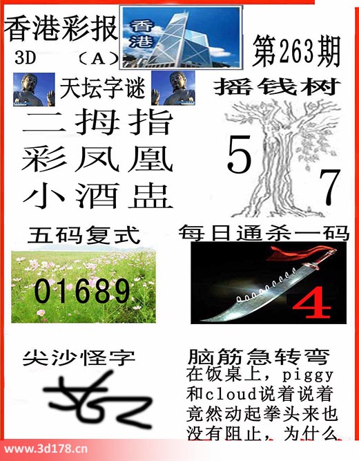 香港彩报3d第2025263期五码复式:01689