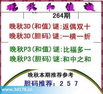 3d红五晚秋图第2025264期胆码谜：一横一折