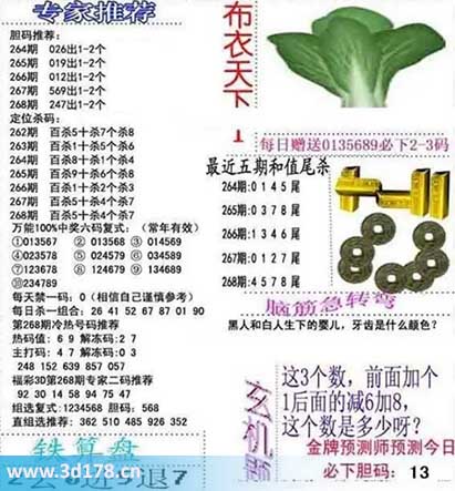 3d布衣天下第2025268期三胆推荐：247