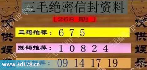 3d第2025268毛绝密信封资料图胆码推荐：567