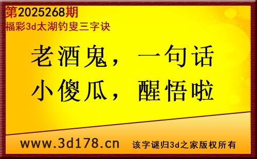 3d第2025268期太湖图库解字谜：老酒鬼，一句话