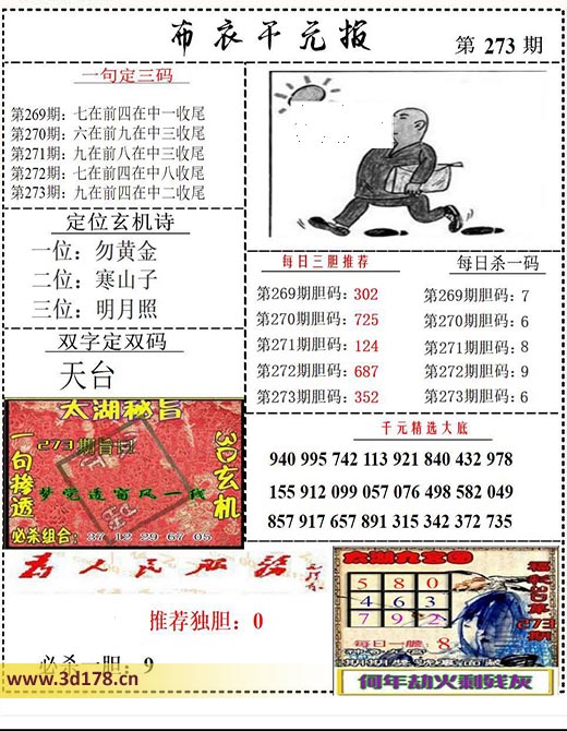 布衣千元报3d第2025273期每日杀一码：6