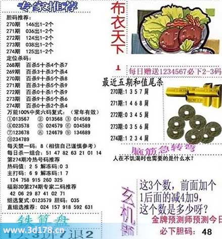 3d布衣天下第2025274期三胆推荐：125