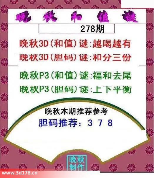 3d红五晚秋图第2025278期和值谜:越喝越有