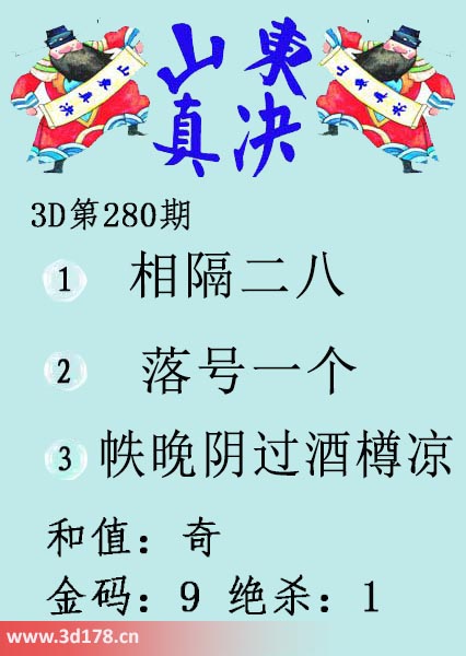 3d山东真诀图第2025280期和值:奇