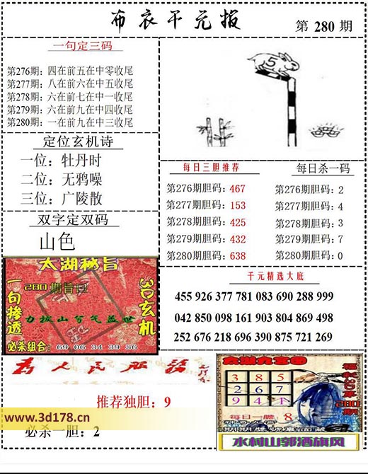 布衣千元报3d第2025280期双字定双码：山色
