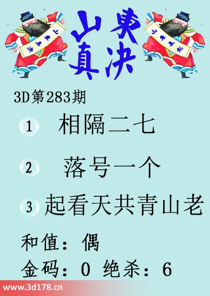 3d山东真诀图第2025283期金码：0