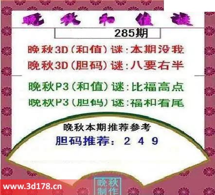 3d红五晚秋图第2025285期胆码推荐:249