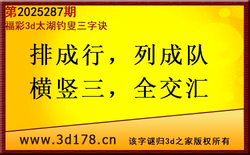 3d第2025287期太湖图库解字谜:排成行,列成队