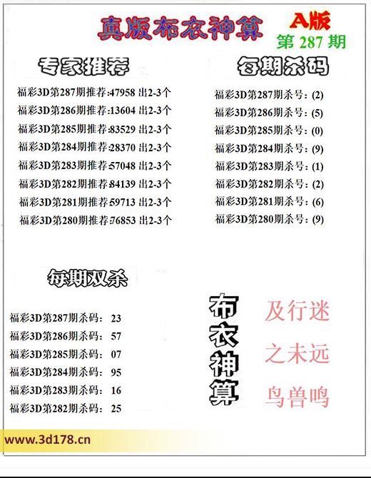 3d第2025287期布衣神算推荐:双杀23