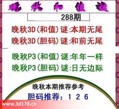 3d红五晚秋图第2025288期胆码谜:和前无尾