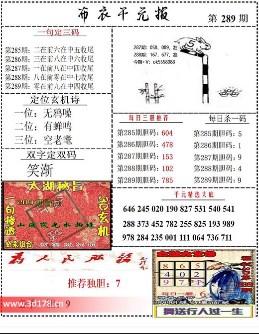 布衣千元报3d第2025289期每日三胆推荐:785