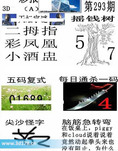 香港彩报3d第2025293期每日通杀一码：4