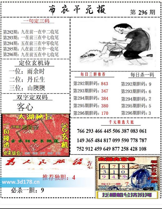 布衣千元报3d第2025296期每日杀一码:3
