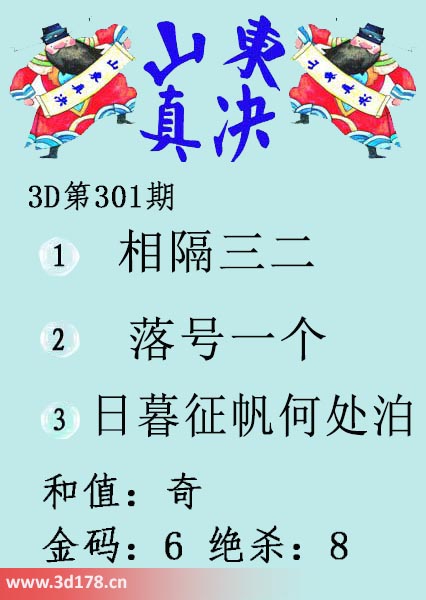 3d山东真诀图第2025301期绝杀：8