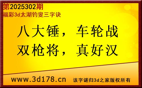 3d第2025302期太湖图库解字谜：八大锤，车轮战