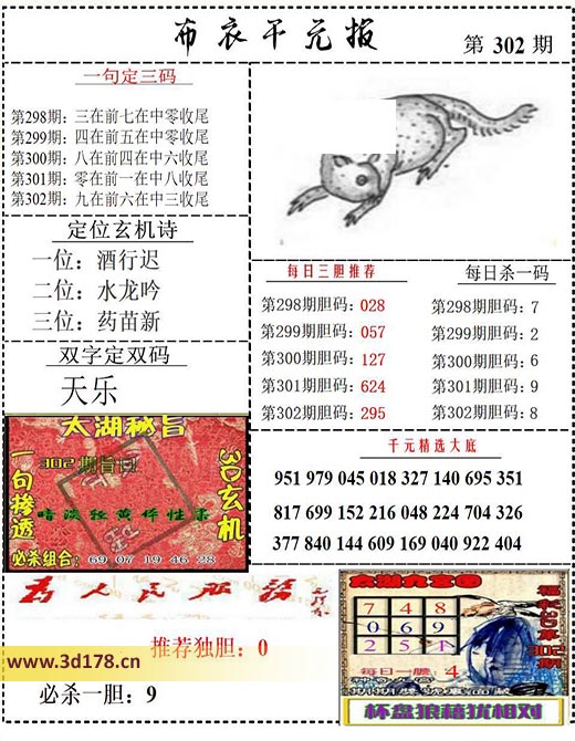 布衣千元报3d第2025302期双字定双码:天乐