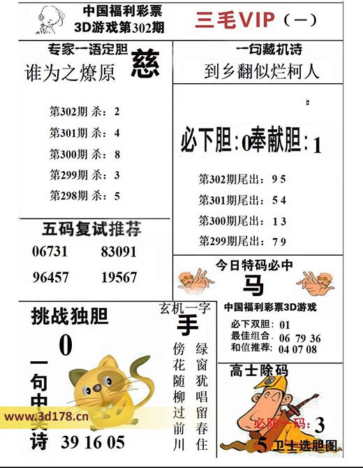 三毛图库3d第2025302期必下胆:0