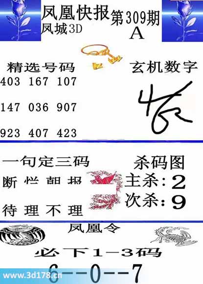 3d凤凰快报第2025309期必下1-3码：067