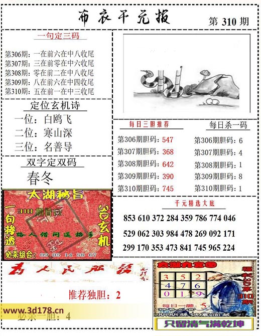 布衣千元报3d第2025310期每日三胆推荐:745